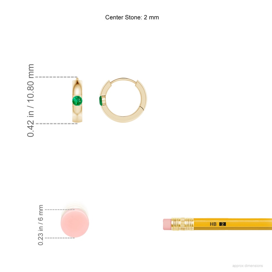 2mm AAA Channel-Set Round Emerald Hinged Hoop Earrings in Yellow Gold ruler