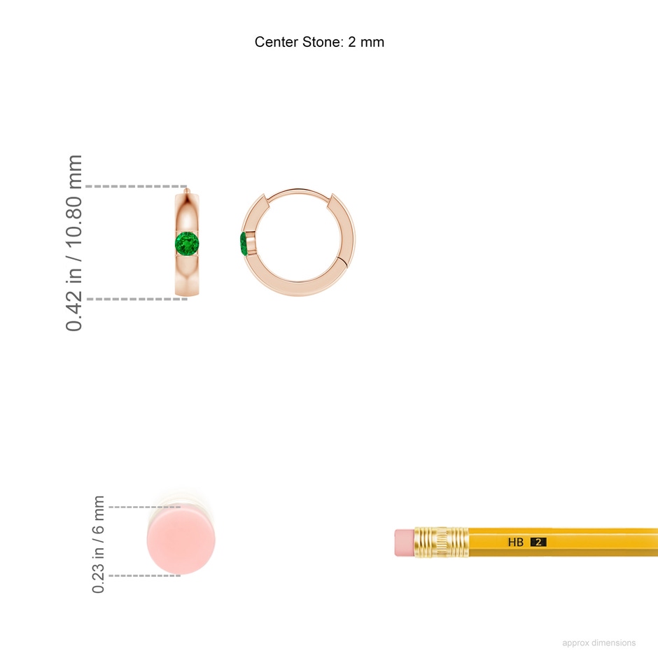 2mm AAAA Channel-Set Round Emerald Hinged Hoop Earrings in Rose Gold ruler