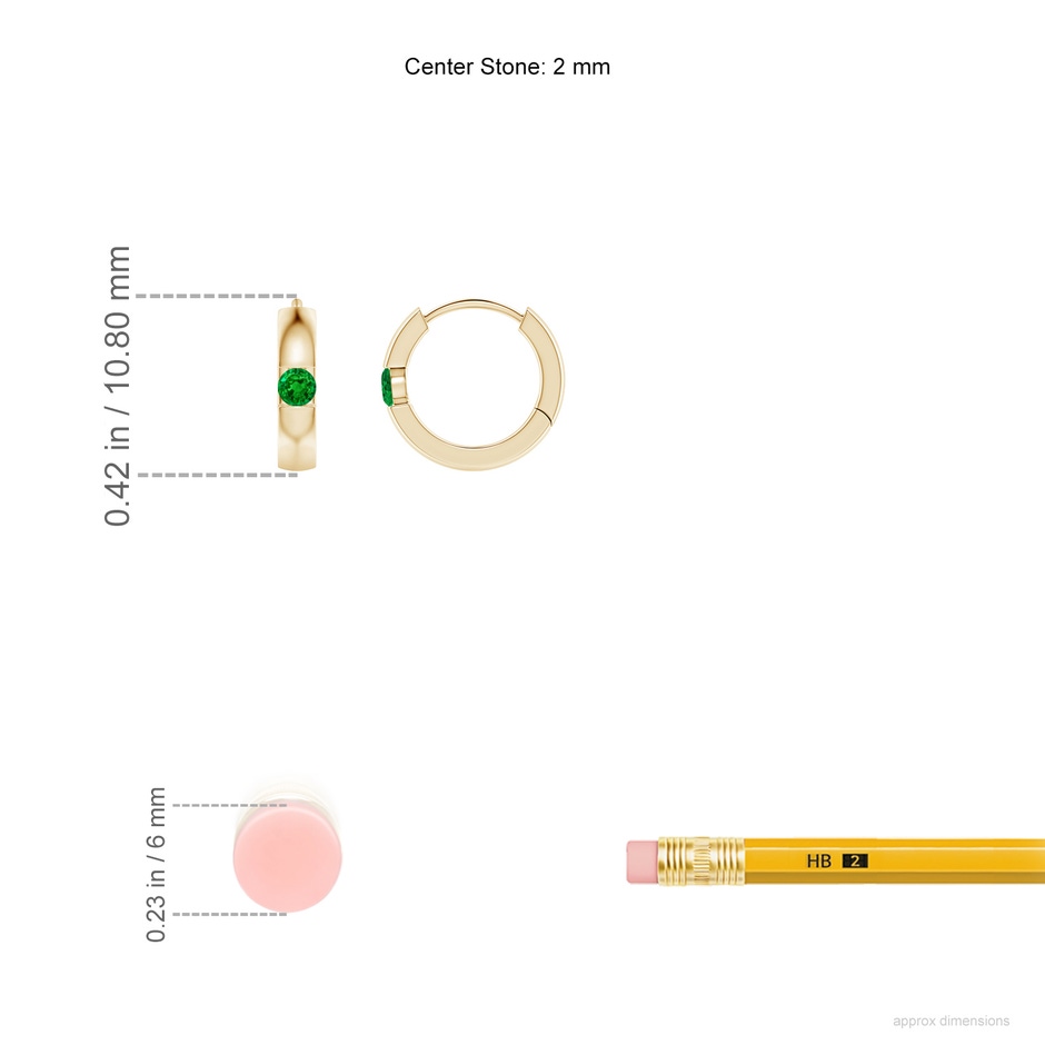 2mm AAAA Channel-Set Round Emerald Hinged Hoop Earrings in Yellow Gold ruler
