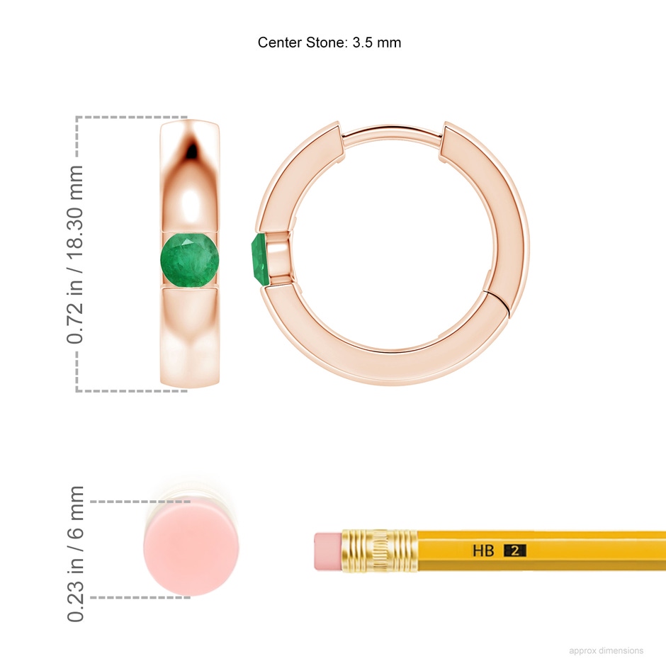 3.5mm A Channel-Set Round Emerald Hinged Hoop Earrings in Rose Gold ruler