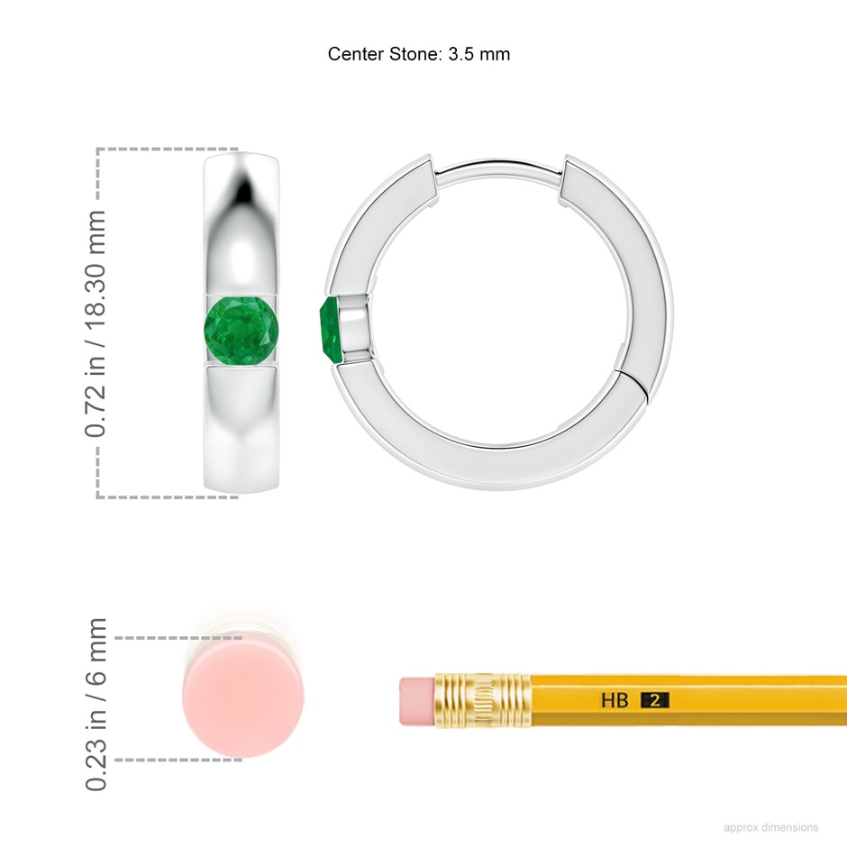 3.5mm AA Channel-Set Round Emerald Hinged Hoop Earrings in P950 Platinum ruler