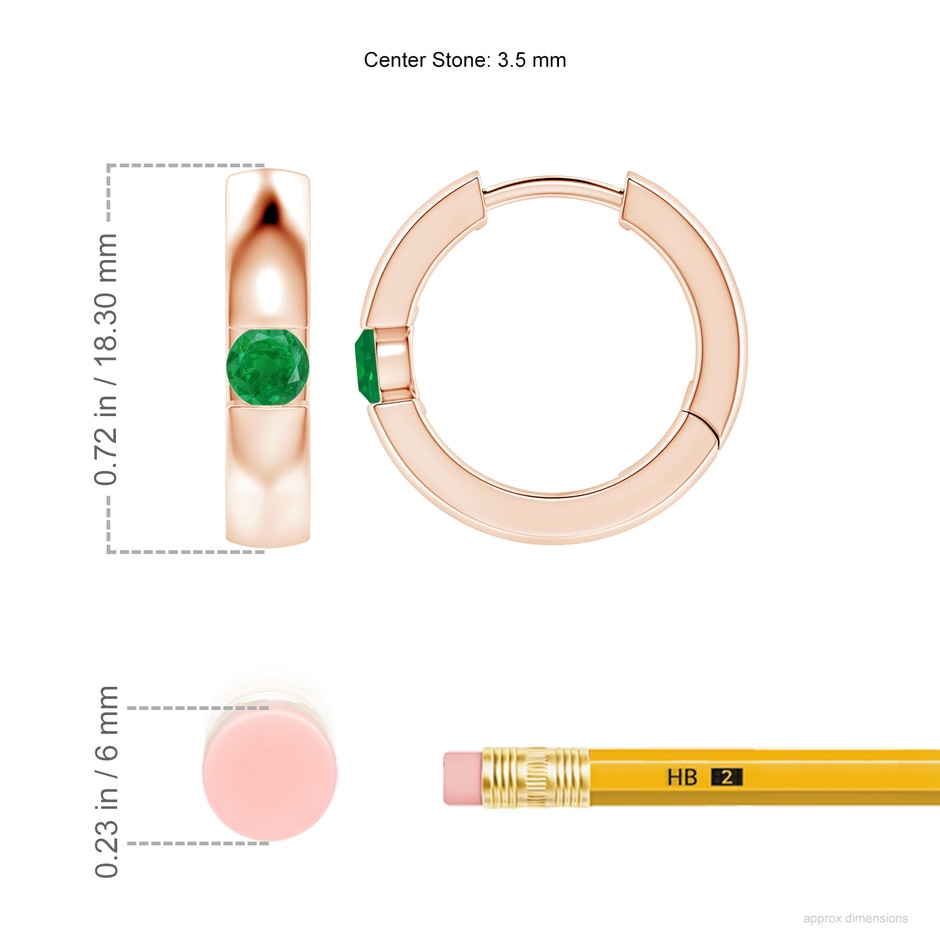 3.5mm AA Channel-Set Round Emerald Hinged Hoop Earrings in Rose Gold ruler