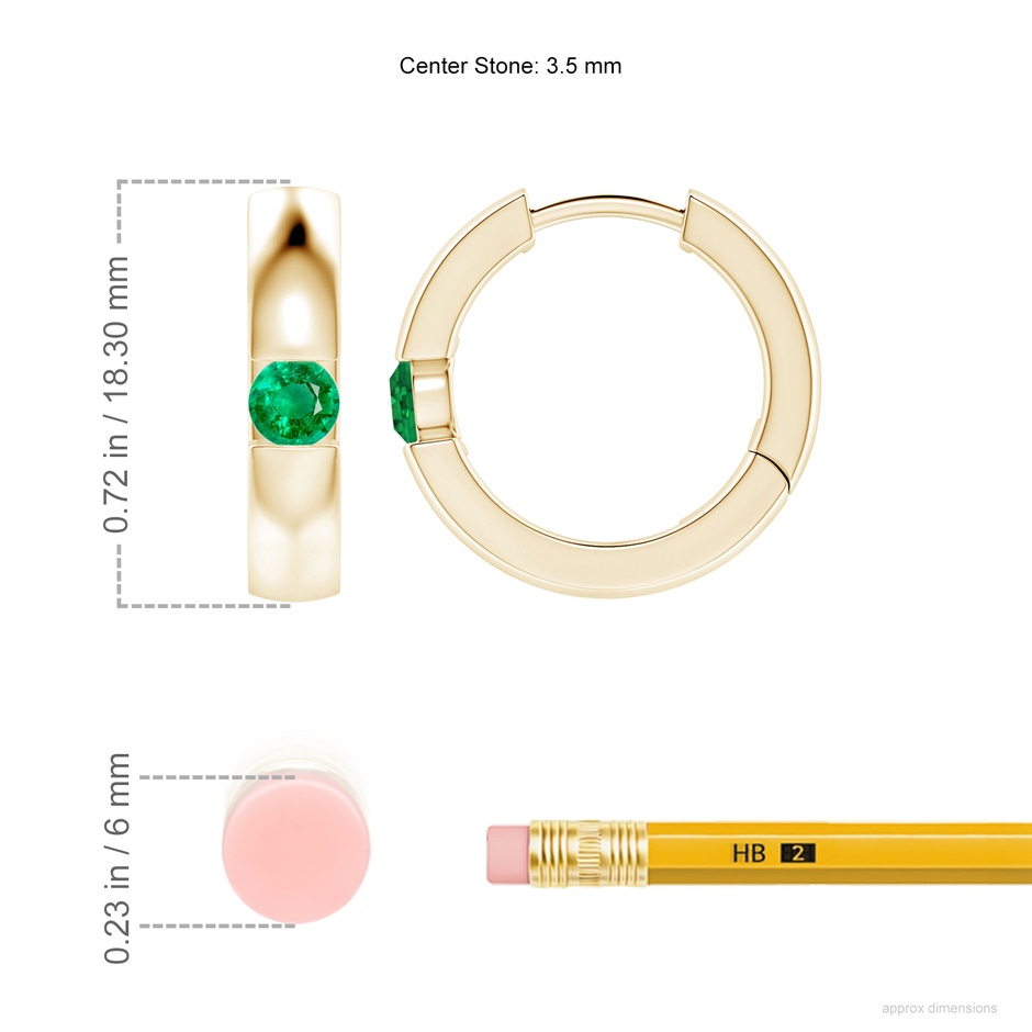 3.5mm AAA Channel-Set Round Emerald Hinged Hoop Earrings in Yellow Gold ruler