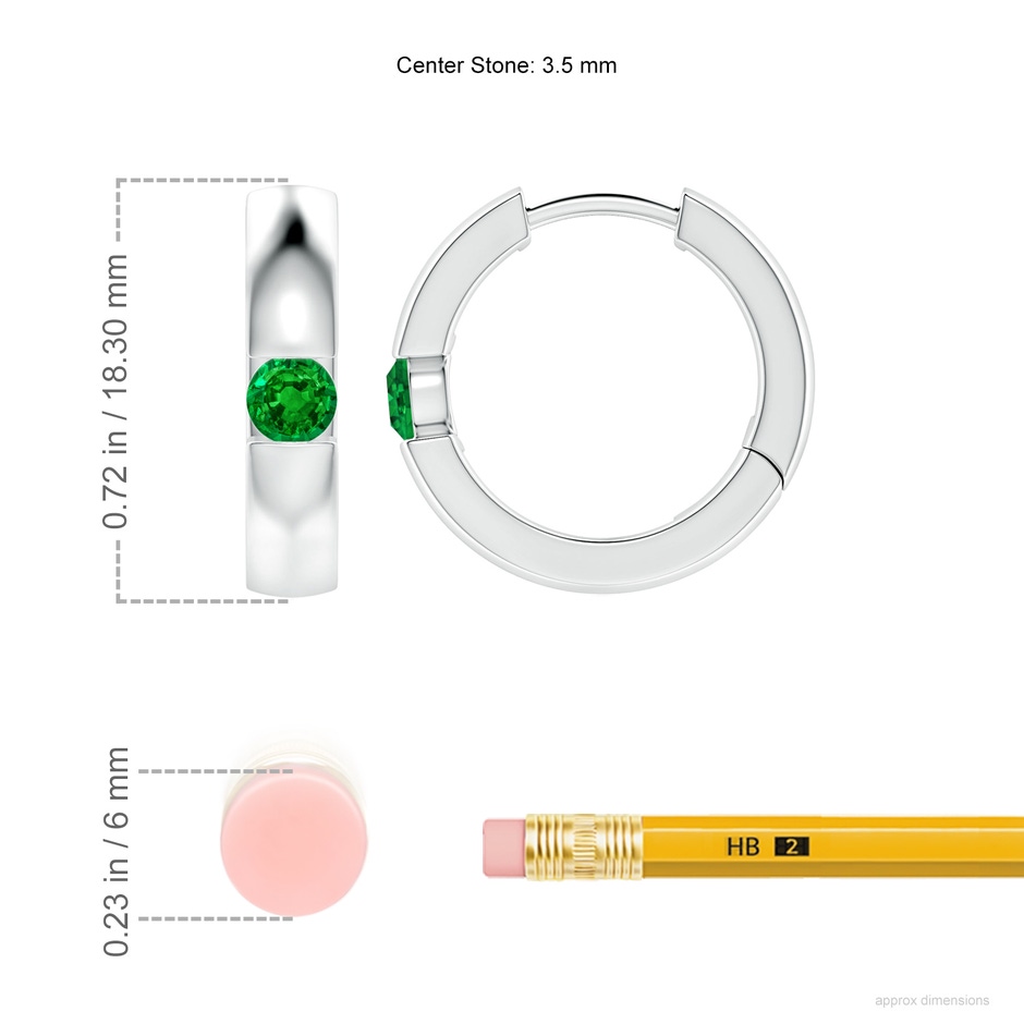 3.5mm AAAA Channel-Set Round Emerald Hinged Hoop Earrings in P950 Platinum ruler