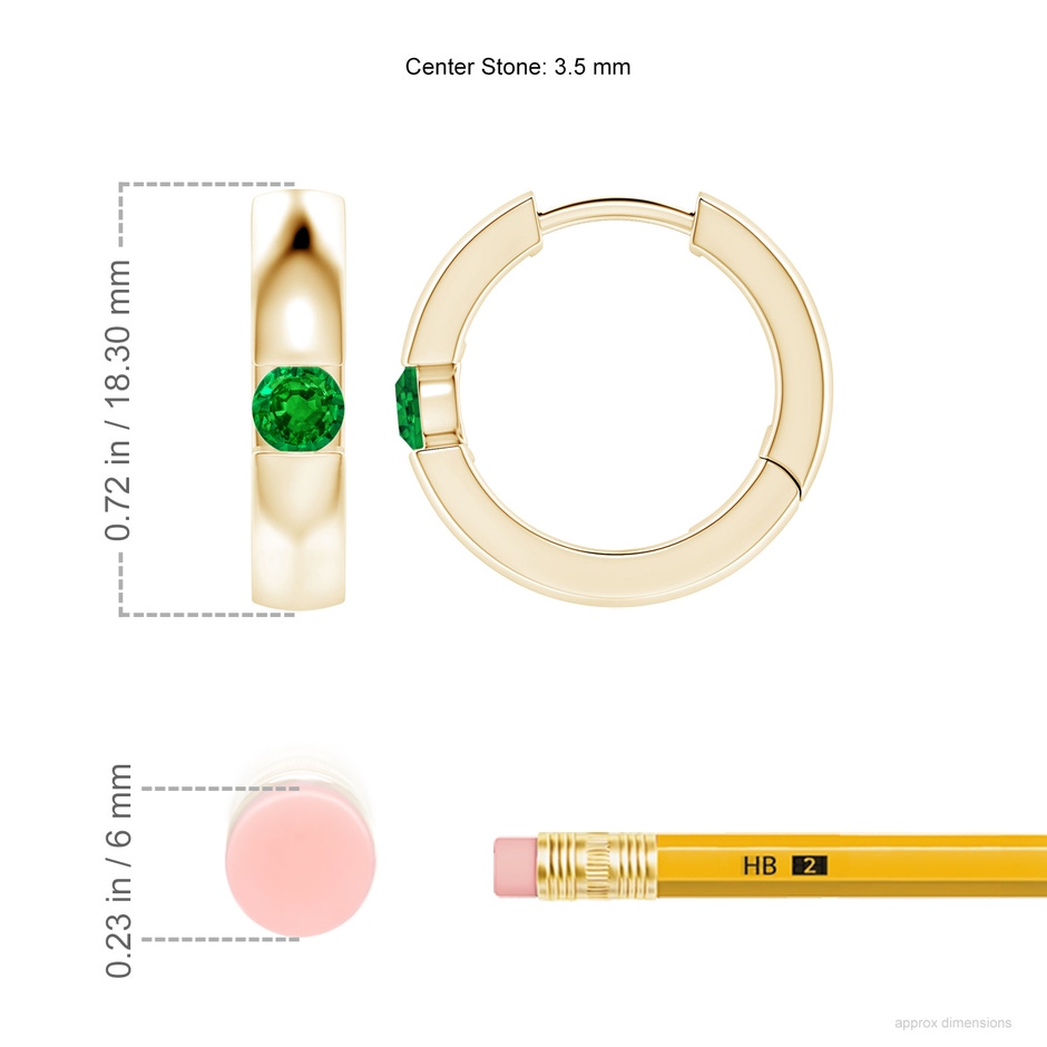 3.5mm AAAA Channel-Set Round Emerald Hinged Hoop Earrings in Yellow Gold ruler