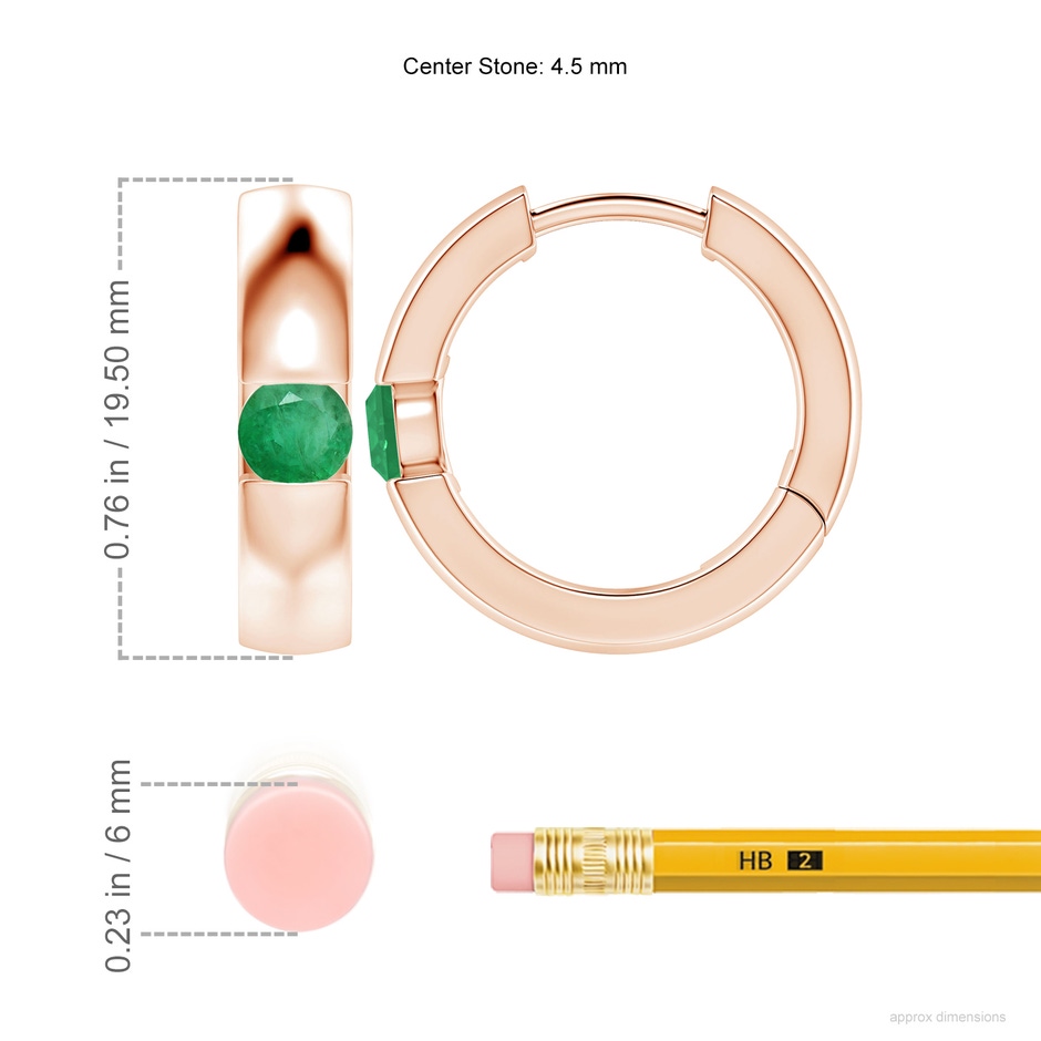 4.5mm A Channel-Set Round Emerald Hinged Hoop Earrings in 18K Rose Gold ruler