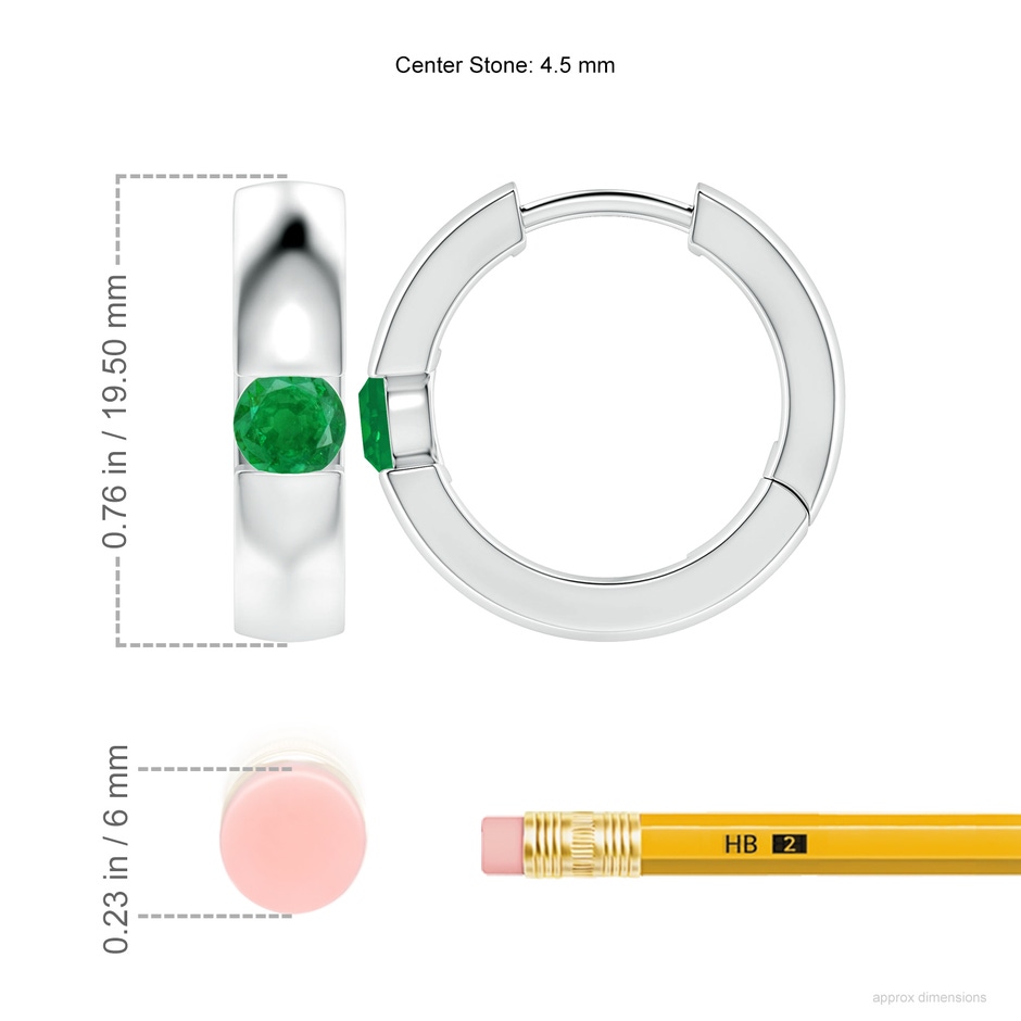 4.5mm AA Channel-Set Round Emerald Hinged Hoop Earrings in P950 Platinum ruler