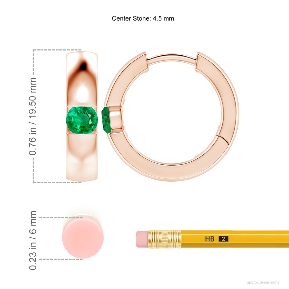 4.5mm AAA Channel-Set Round Emerald Hinged Hoop Earrings in 18K Rose Gold ruler