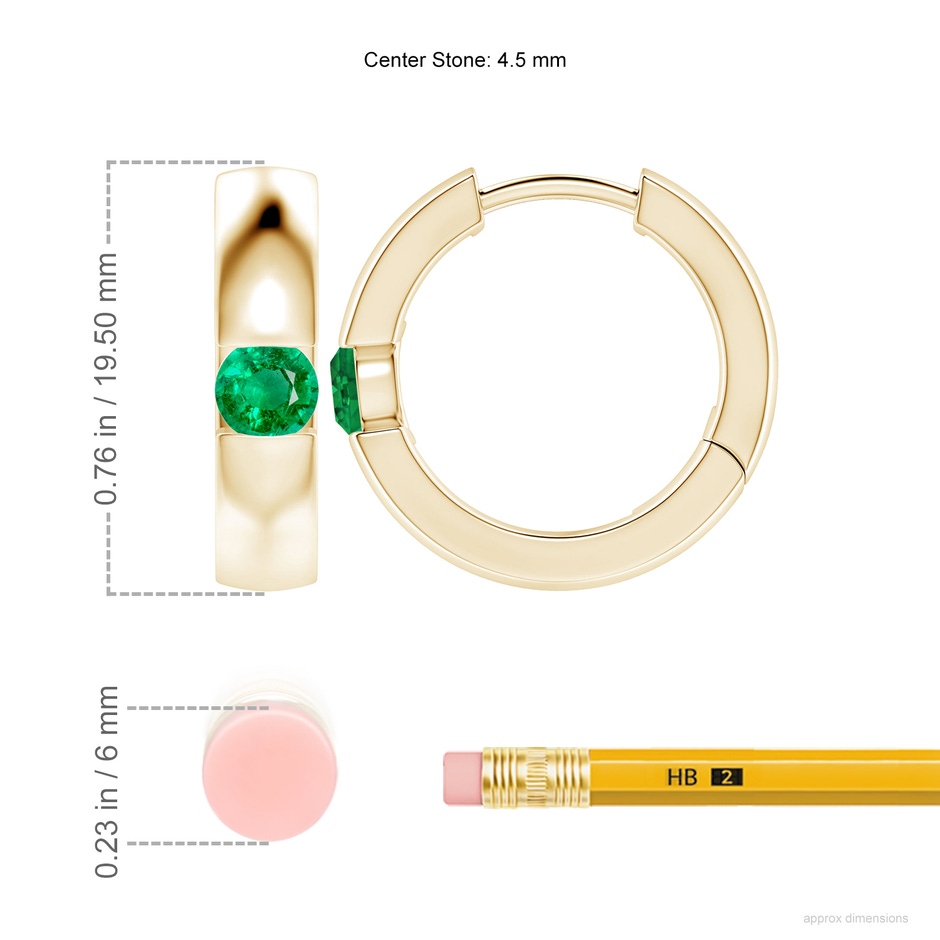 4.5mm AAA Channel-Set Round Emerald Hinged Hoop Earrings in 18K Yellow Gold ruler