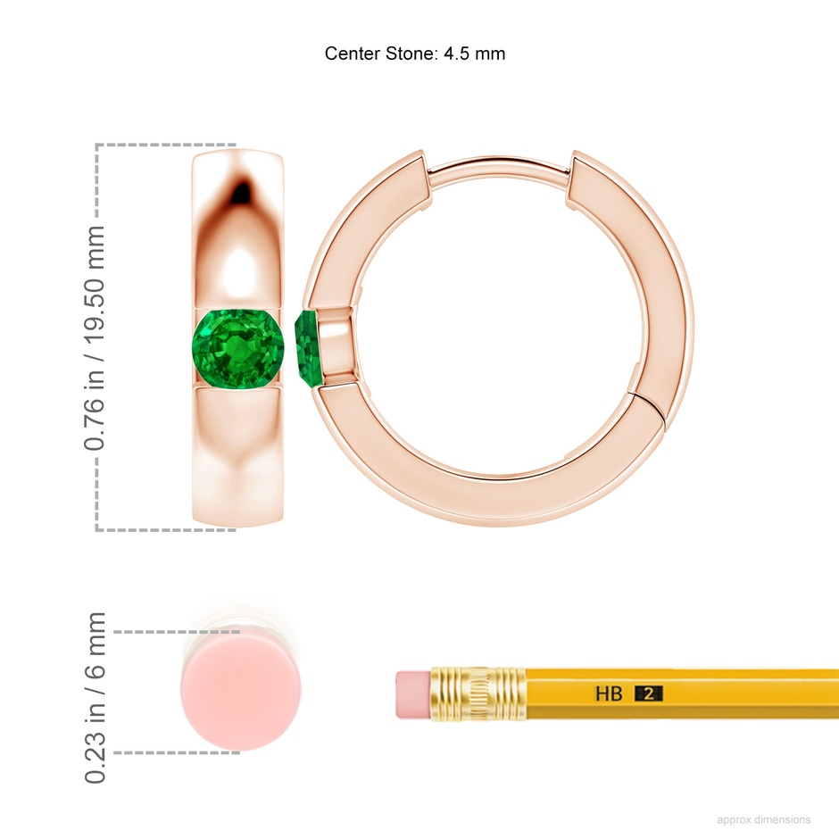 4.5mm AAAA Channel-Set Round Emerald Hinged Hoop Earrings in 18K Rose Gold ruler