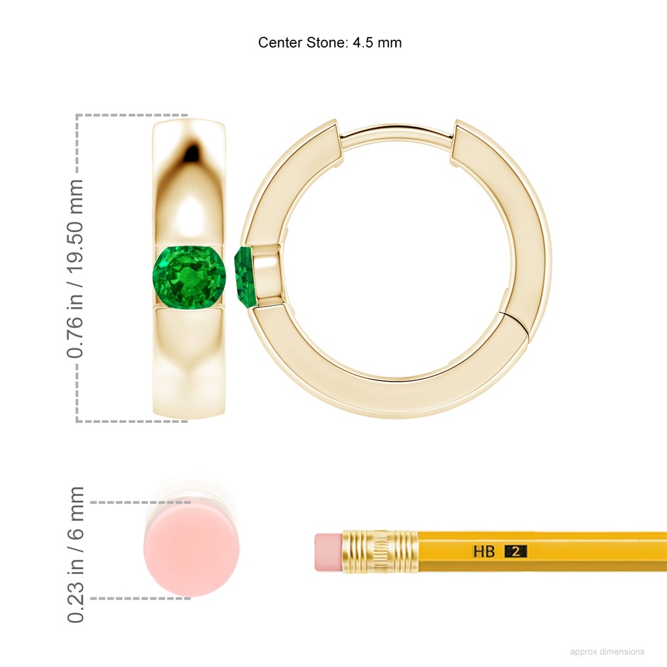4.5mm AAAA Channel-Set Round Emerald Hinged Hoop Earrings in 18K Yellow Gold ruler
