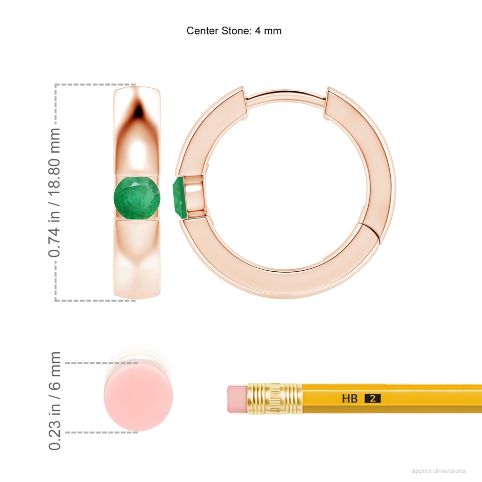 4mm A Channel-Set Round Emerald Hinged Hoop Earrings in 18K Rose Gold ruler