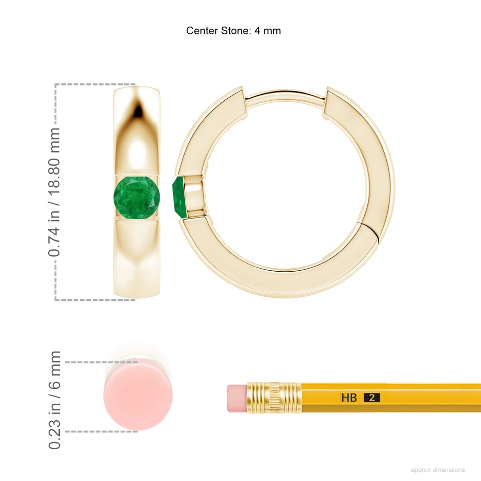 4mm AA Channel-Set Round Emerald Hinged Hoop Earrings in 18K Yellow Gold ruler
