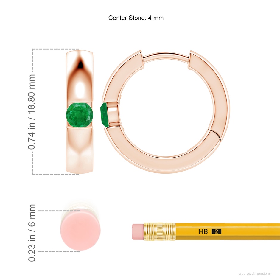 4mm AA Channel-Set Round Emerald Hinged Hoop Earrings in Rose Gold ruler