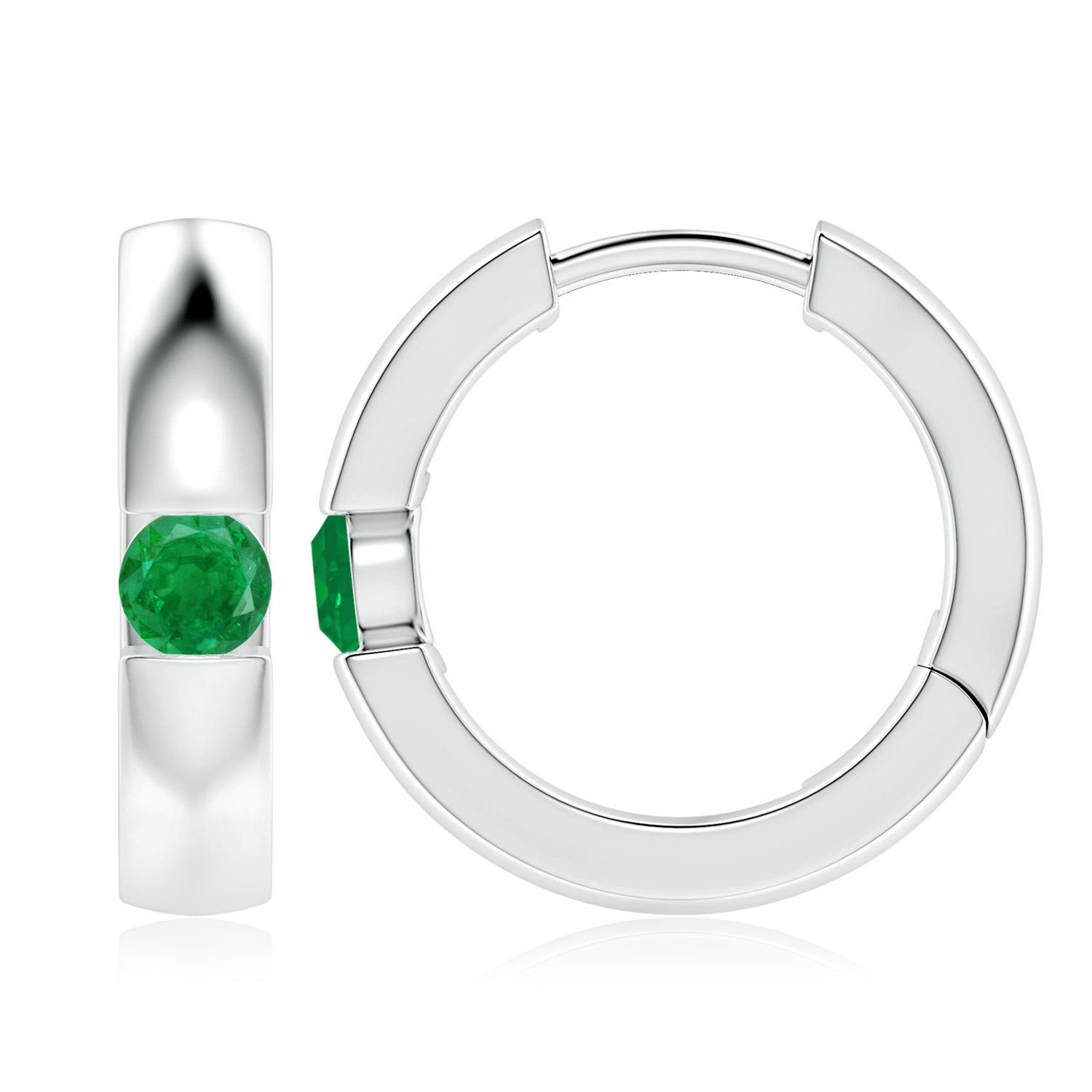 4mm AA Channel-Set Round Emerald Hinged Hoop Earrings in White Gold