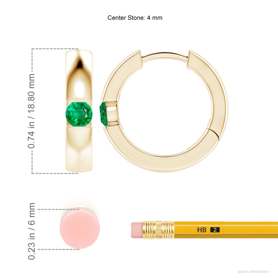 4mm AAA Channel-Set Round Emerald Hinged Hoop Earrings in 18K Yellow Gold ruler