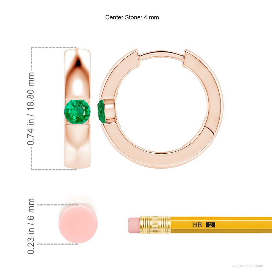 4mm AAA Channel-Set Round Emerald Hinged Hoop Earrings in Rose Gold ruler