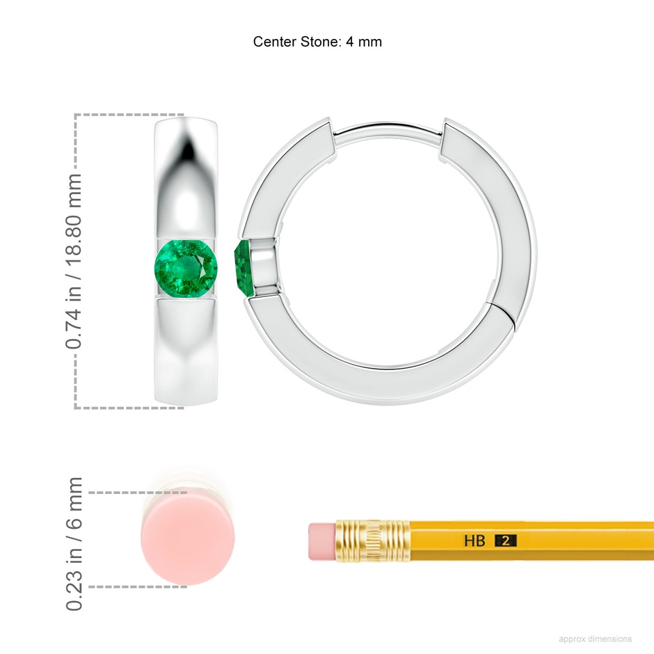 4mm AAA Channel-Set Round Emerald Hinged Hoop Earrings in White Gold ruler
