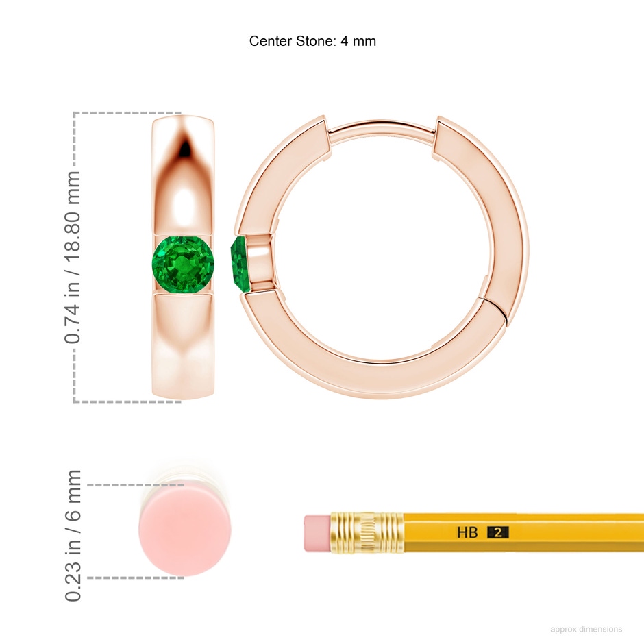 4mm AAAA Channel-Set Round Emerald Hinged Hoop Earrings in Rose Gold ruler