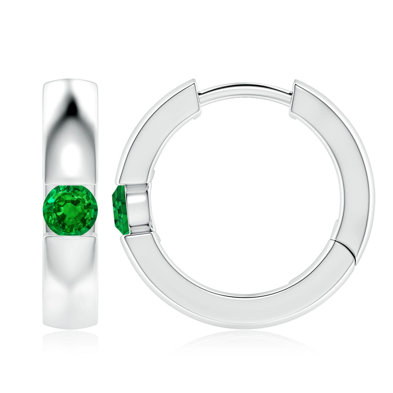 4mm AAAA Channel-Set Round Emerald Hinged Hoop Earrings in White Gold