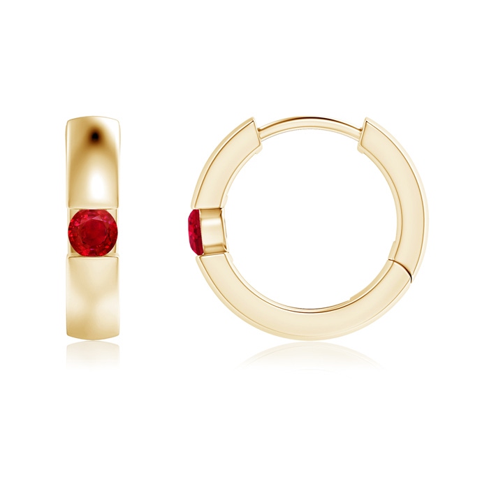 2.5mm AAA Channel-Set Round Ruby Hinged Hoop Earrings in 9K Yellow Gold 