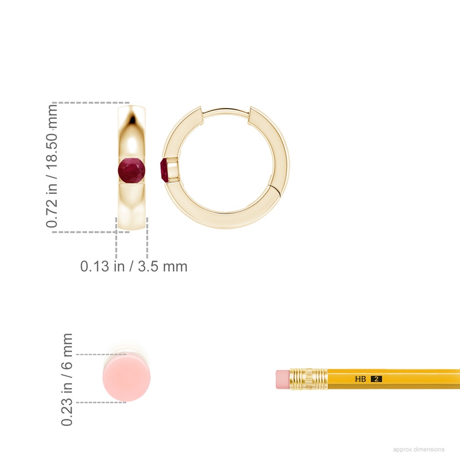 3.5mm A Channel-Set Round Ruby Hinged Hoop Earrings in 18K Yellow Gold ruler