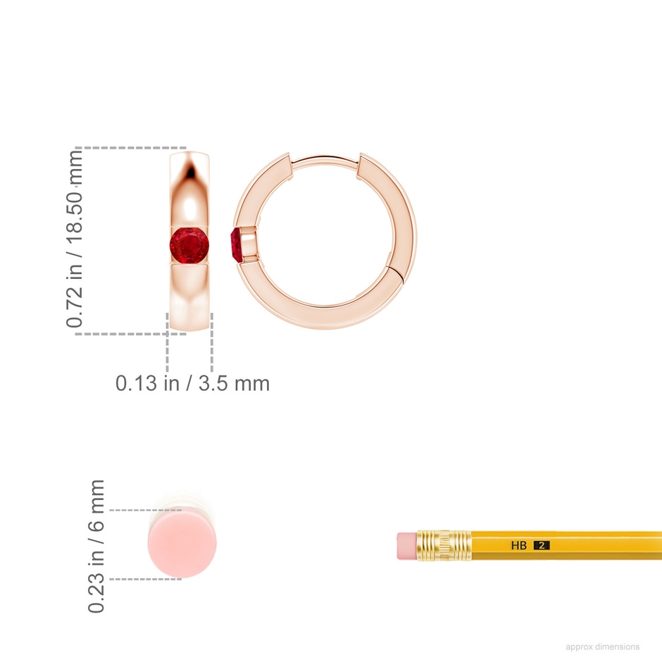 3.5mm AAA Channel-Set Round Ruby Hinged Hoop Earrings in Rose Gold ruler