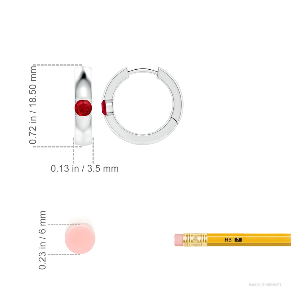 3.5mm AAA Channel-Set Round Ruby Hinged Hoop Earrings in White Gold ruler