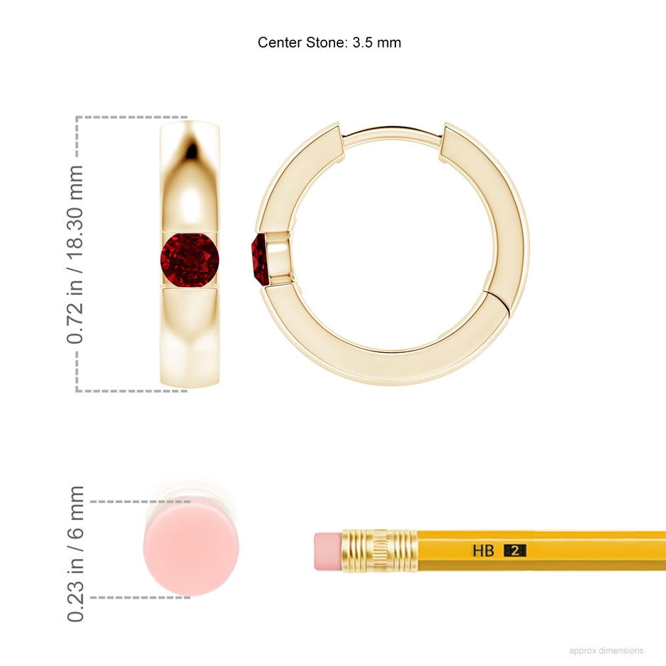 3.5mm AAAA Channel-Set Round Ruby Hinged Hoop Earrings in Yellow Gold ruler