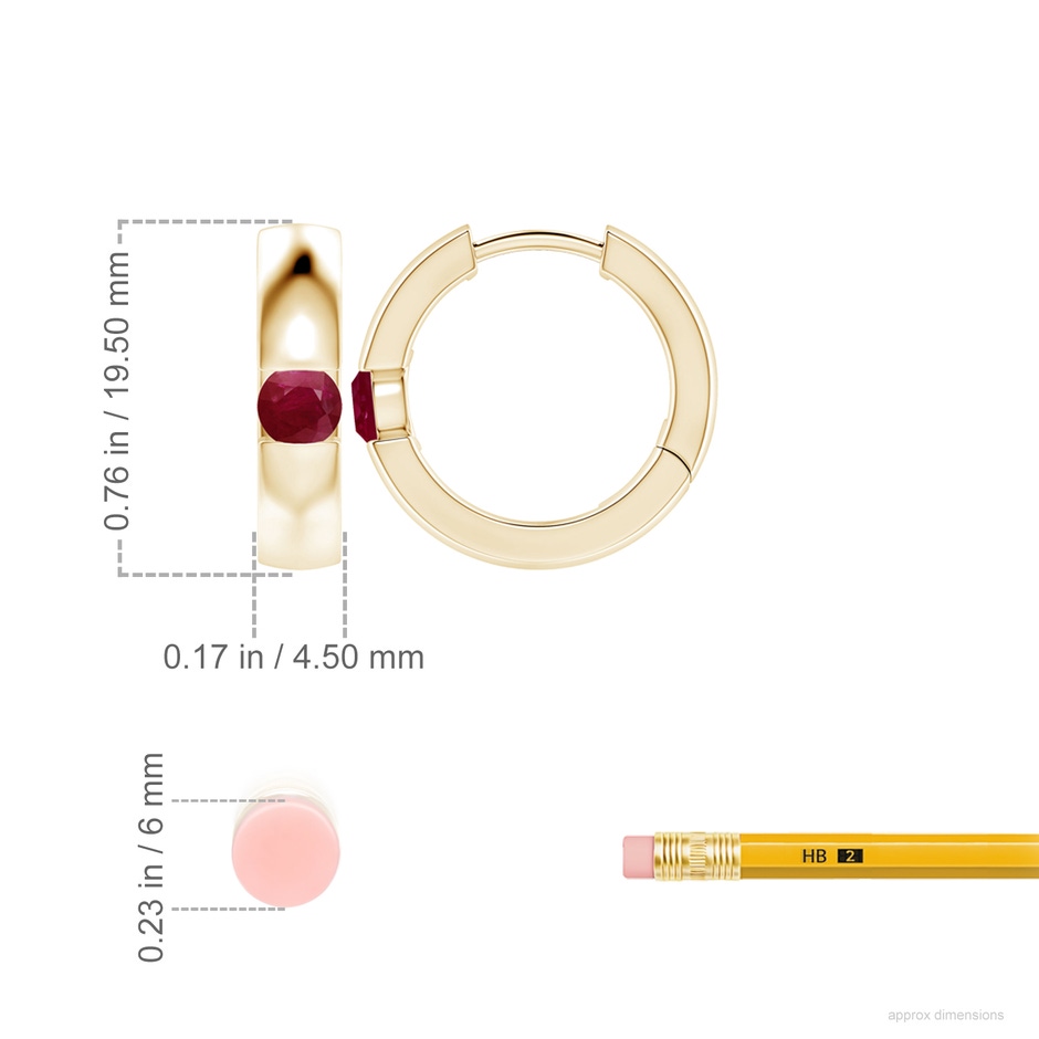 4.5mm A Channel-Set Round Ruby Hinged Hoop Earrings in Yellow Gold ruler