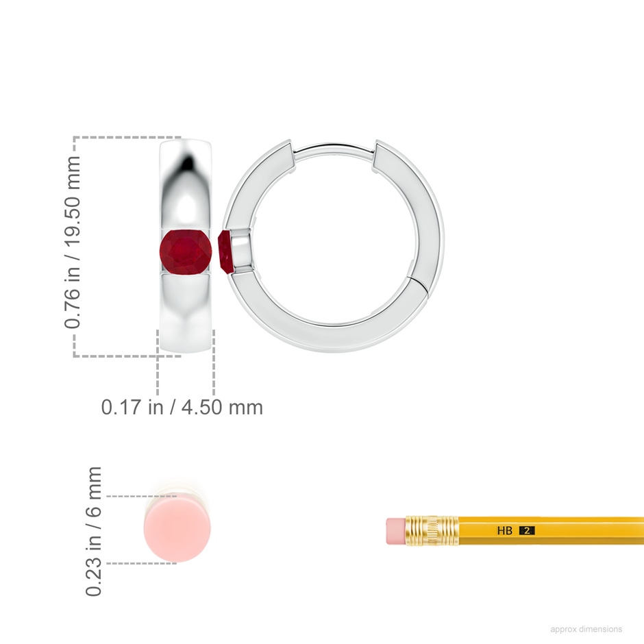 4.5mm AA Channel-Set Round Ruby Hinged Hoop Earrings in White Gold ruler