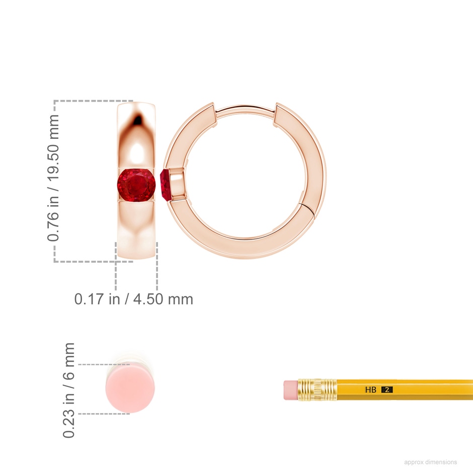 4.5mm AAA Channel-Set Round Ruby Hinged Hoop Earrings in 18K Rose Gold ruler