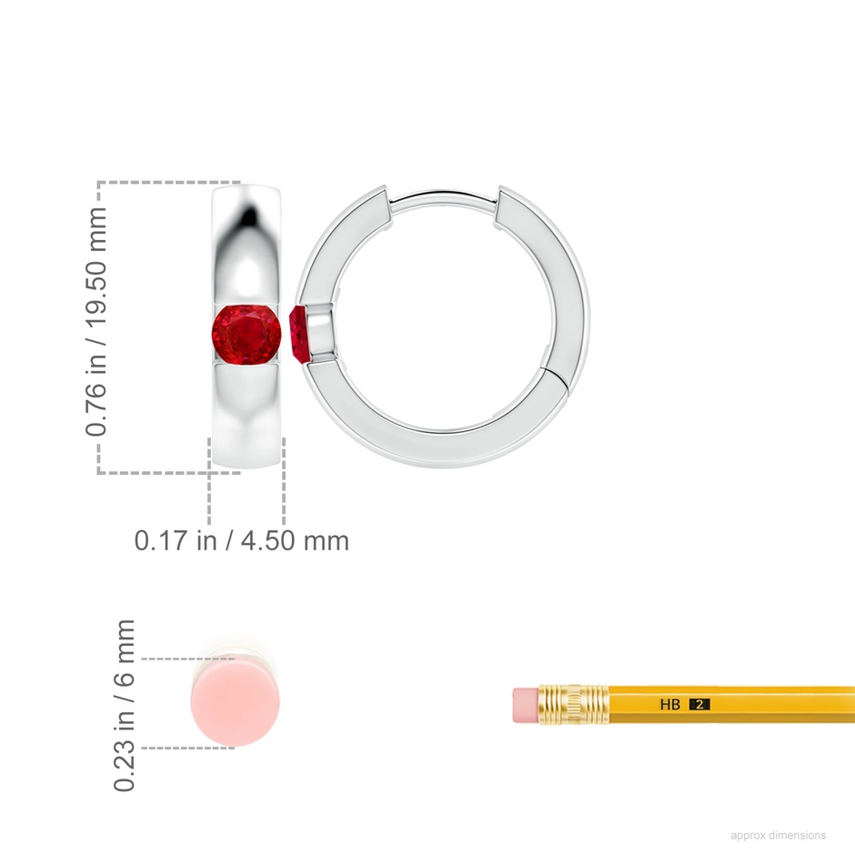 4.5mm AAA Channel-Set Round Ruby Hinged Hoop Earrings in 18K White Gold ruler