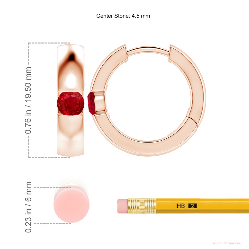 4.5mm AAA Channel-Set Round Ruby Hinged Hoop Earrings in Rose Gold ruler