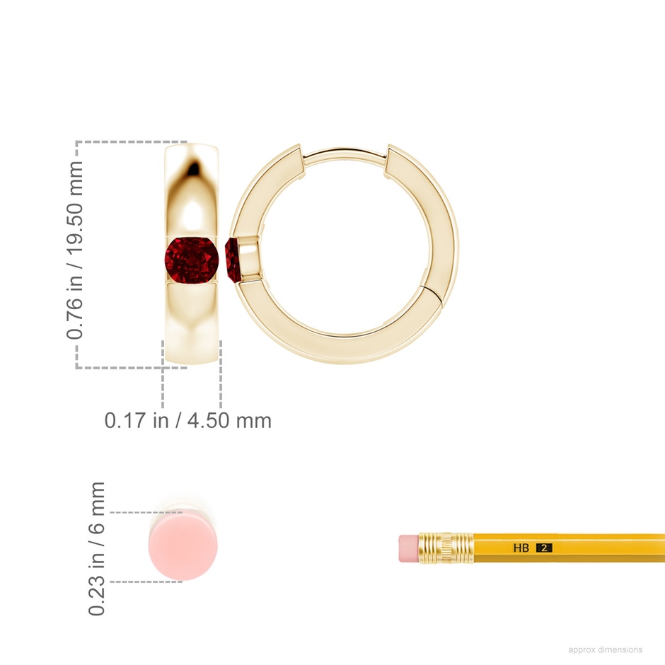 4.5mm AAAA Channel-Set Round Ruby Hinged Hoop Earrings in 18K Yellow Gold ruler