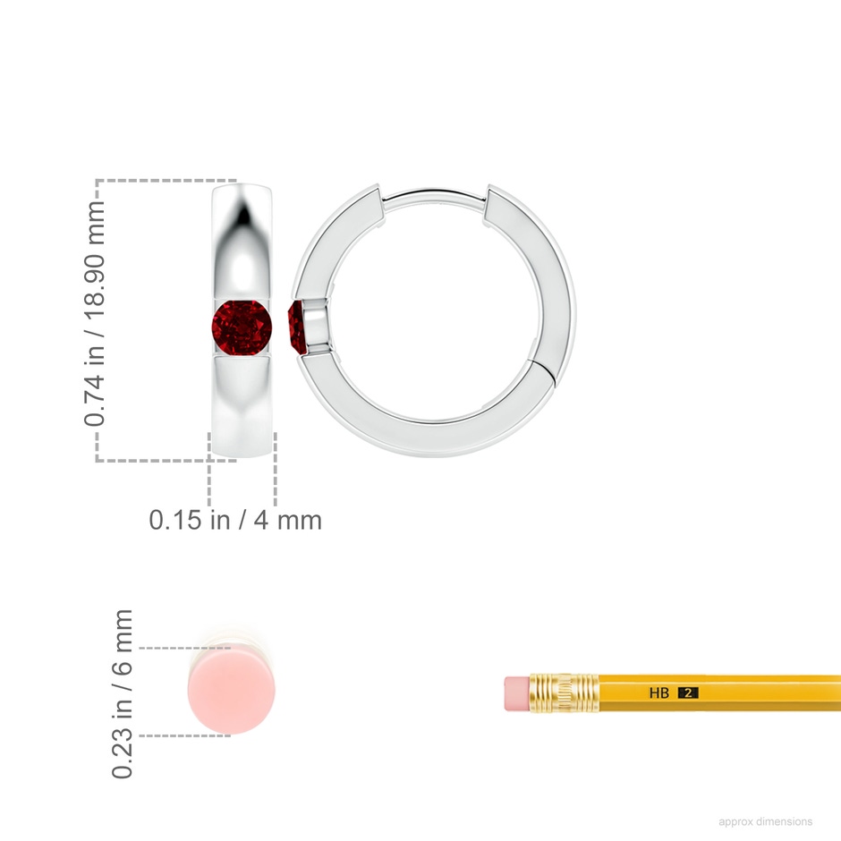 4mm AAAA Channel-Set Round Ruby Hinged Hoop Earrings in P950 Platinum ruler