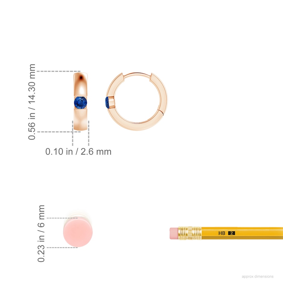 2.5mm AAA Channel-Set Round Blue Sapphire Hinged Hoop Earrings in Rose Gold ruler
