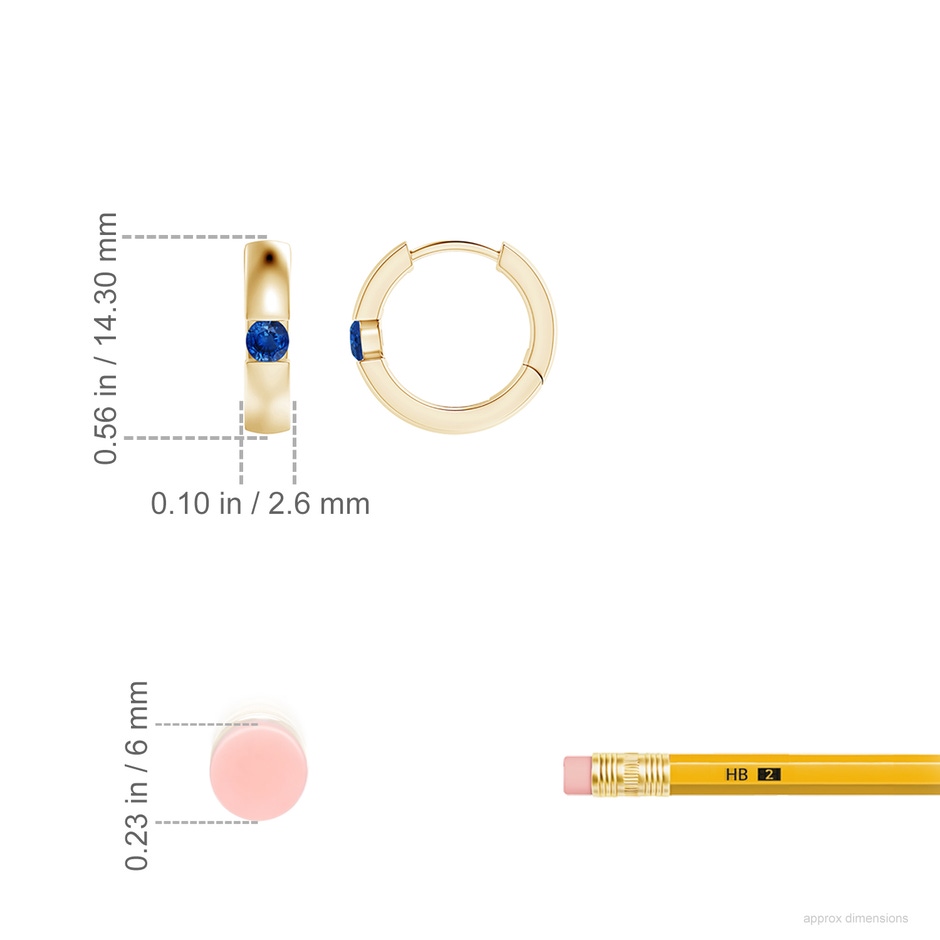 2.5mm AAA Channel-Set Round Blue Sapphire Hinged Hoop Earrings in Yellow Gold ruler