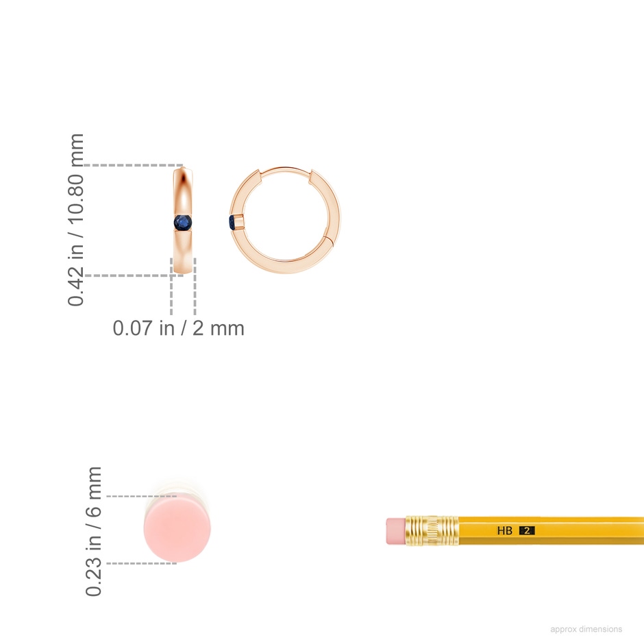 2mm AA Channel-Set Round Blue Sapphire Hinged Hoop Earrings in Rose Gold ruler