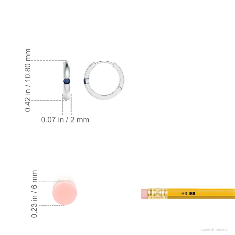 2mm AA Channel-Set Round Blue Sapphire Hinged Hoop Earrings in White Gold ruler