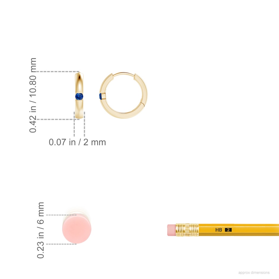 2mm AAA Channel-Set Round Blue Sapphire Hinged Hoop Earrings in Yellow Gold ruler