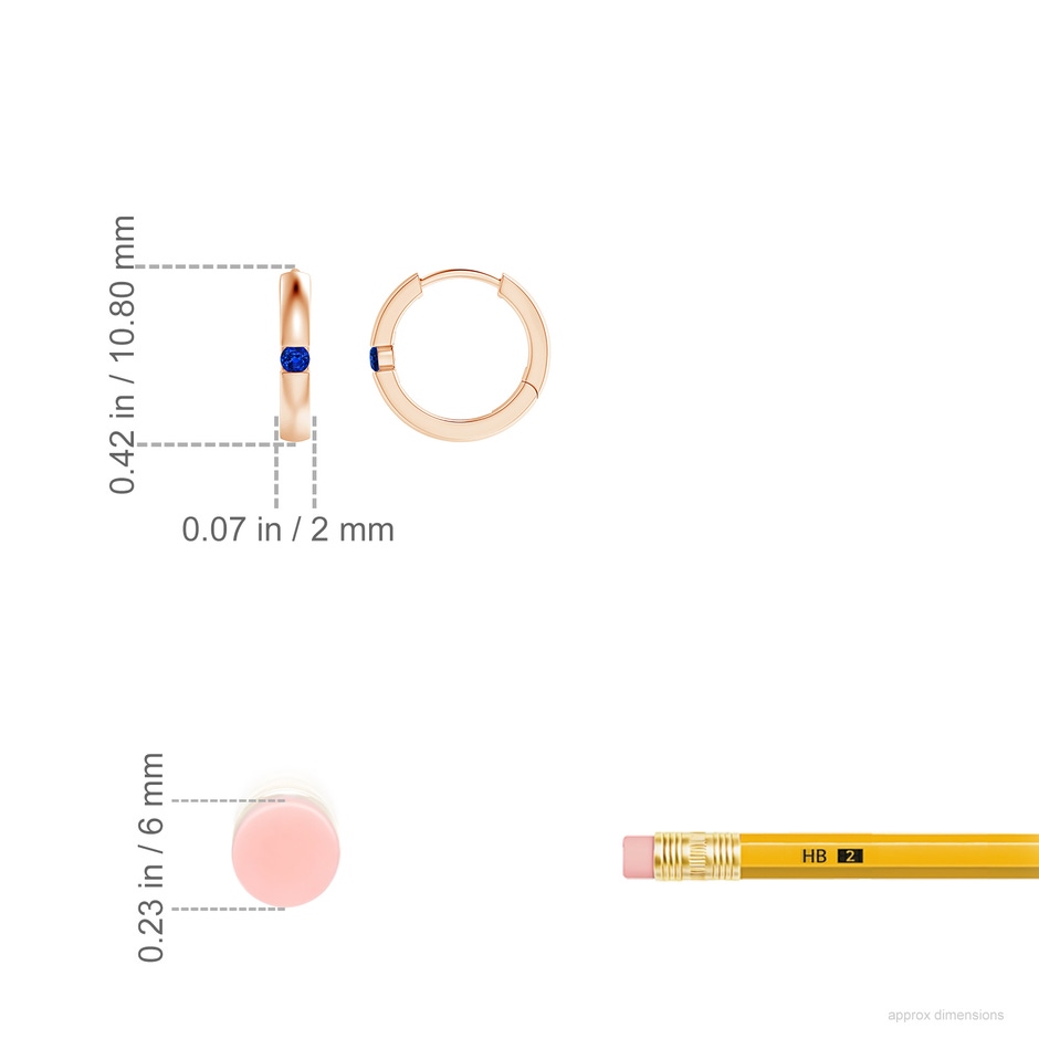 2mm AAAA Channel-Set Round Blue Sapphire Hinged Hoop Earrings in Rose Gold ruler