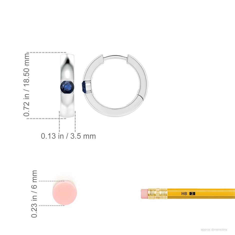 3.5mm AA Channel-Set Round Blue Sapphire Hinged Hoop Earrings in White Gold ruler