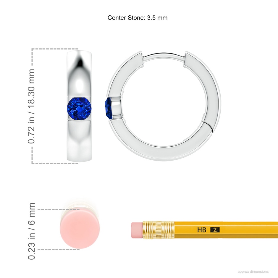 3.5mm Lab-Grown Channel-Set Round Blue Sapphire Hinged Hoop Earrings in White Gold ruler