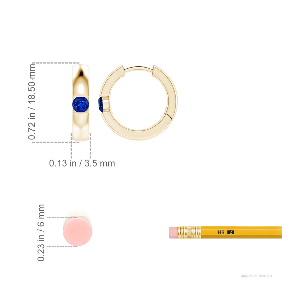 3.5mm AAAA Channel-Set Round Blue Sapphire Hinged Hoop Earrings in Yellow Gold ruler