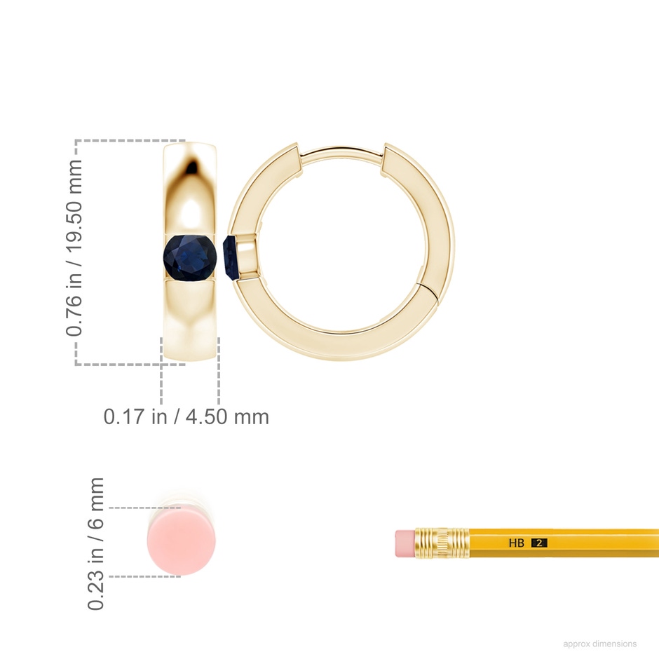 4.5mm A Channel-Set Round Blue Sapphire Hinged Hoop Earrings in Yellow Gold ruler