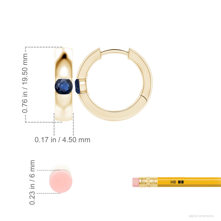 4.5mm AA Channel-Set Round Blue Sapphire Hinged Hoop Earrings in 18K Yellow Gold ruler