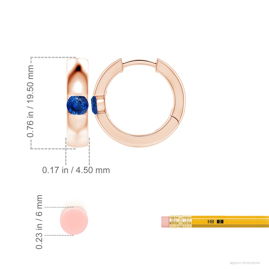 4.5mm AAA Channel-Set Round Blue Sapphire Hinged Hoop Earrings in Rose Gold ruler