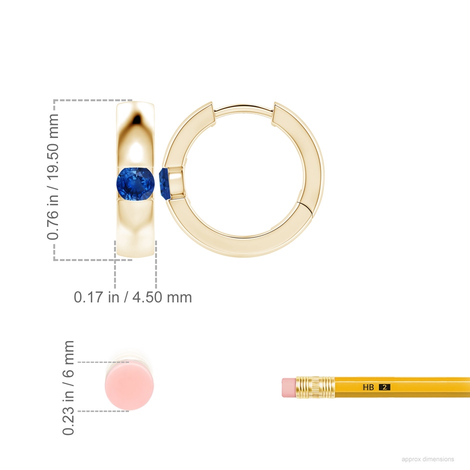 4.5mm AAA Channel-Set Round Blue Sapphire Hinged Hoop Earrings in Yellow Gold ruler
