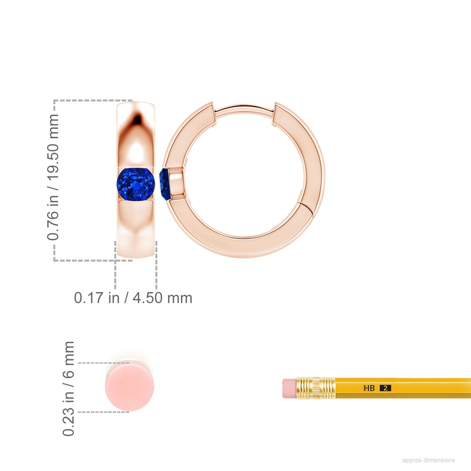 4.5mm AAAA Channel-Set Round Blue Sapphire Hinged Hoop Earrings in Rose Gold ruler